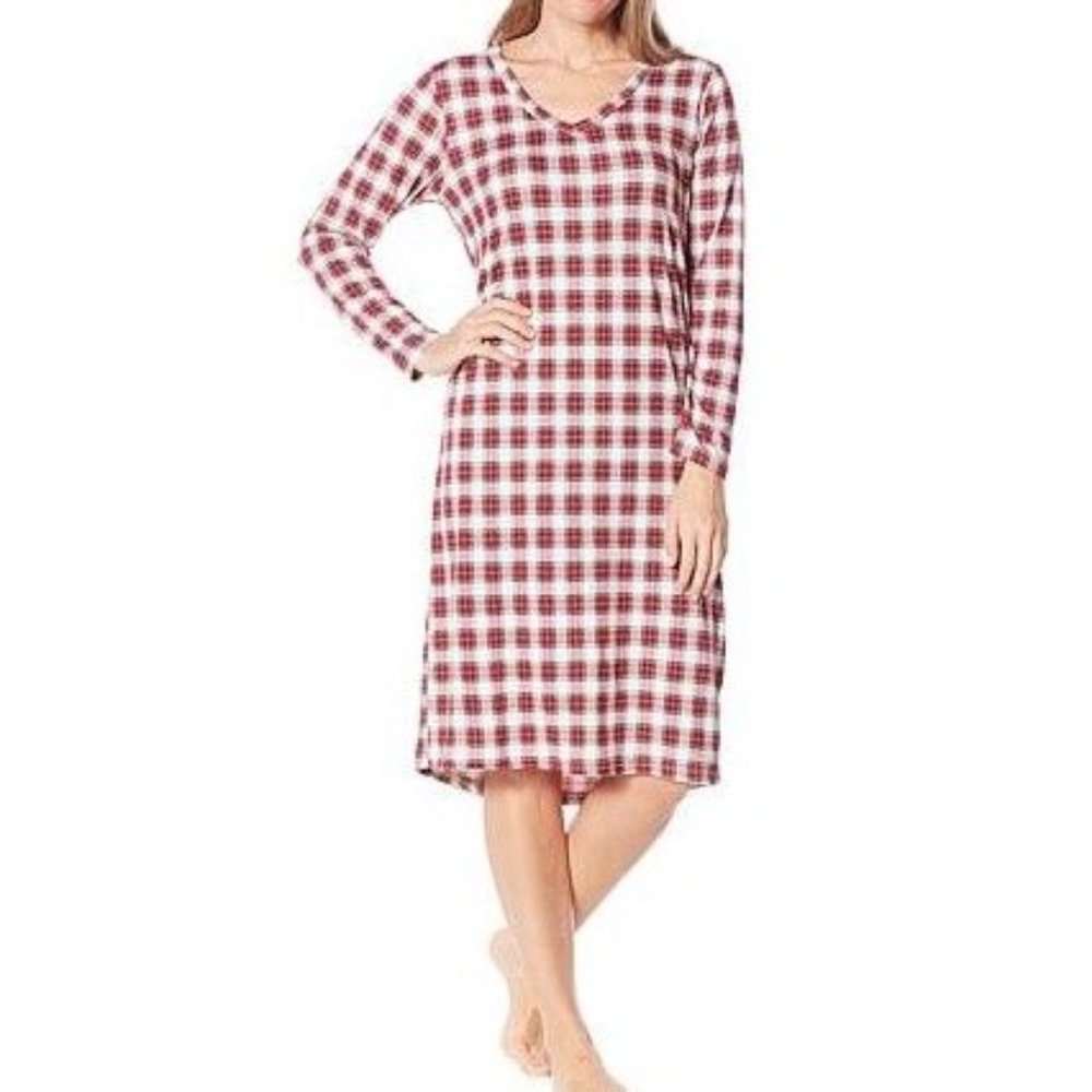 Beautyrest Brushed Jersey Midi Lounge Dress 774-501 Red Plaid 3X